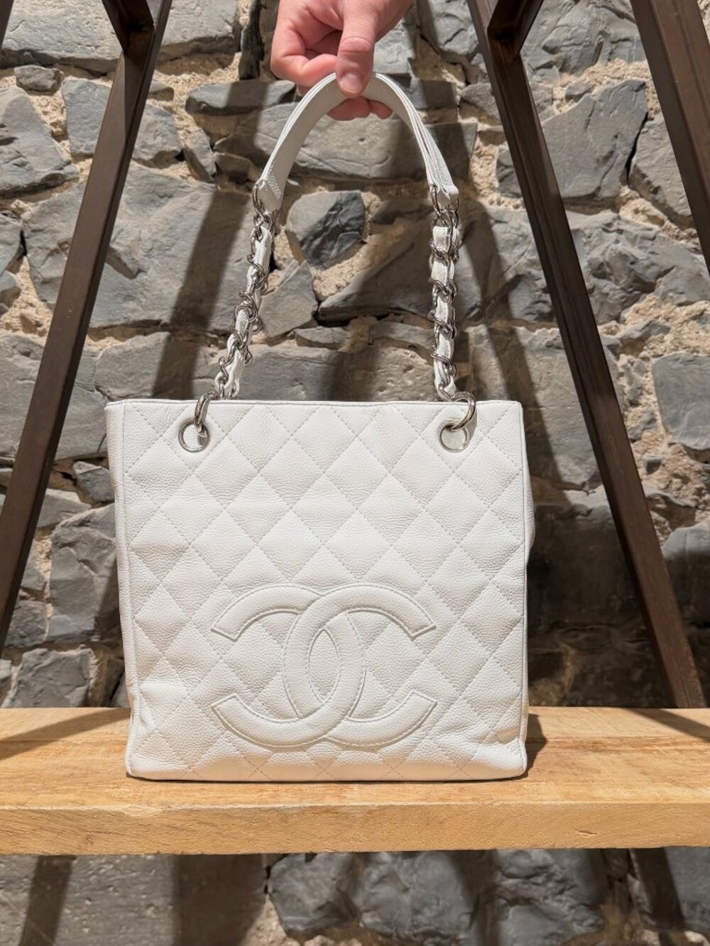 Chanel Vintage White Caviar Petit Shopping Tote PST Bag